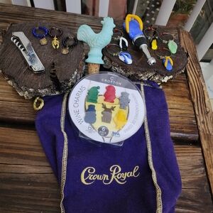 Variety of Barware, corkscrew, Bottle stopper, Crown Royal Bag, wine glass charm